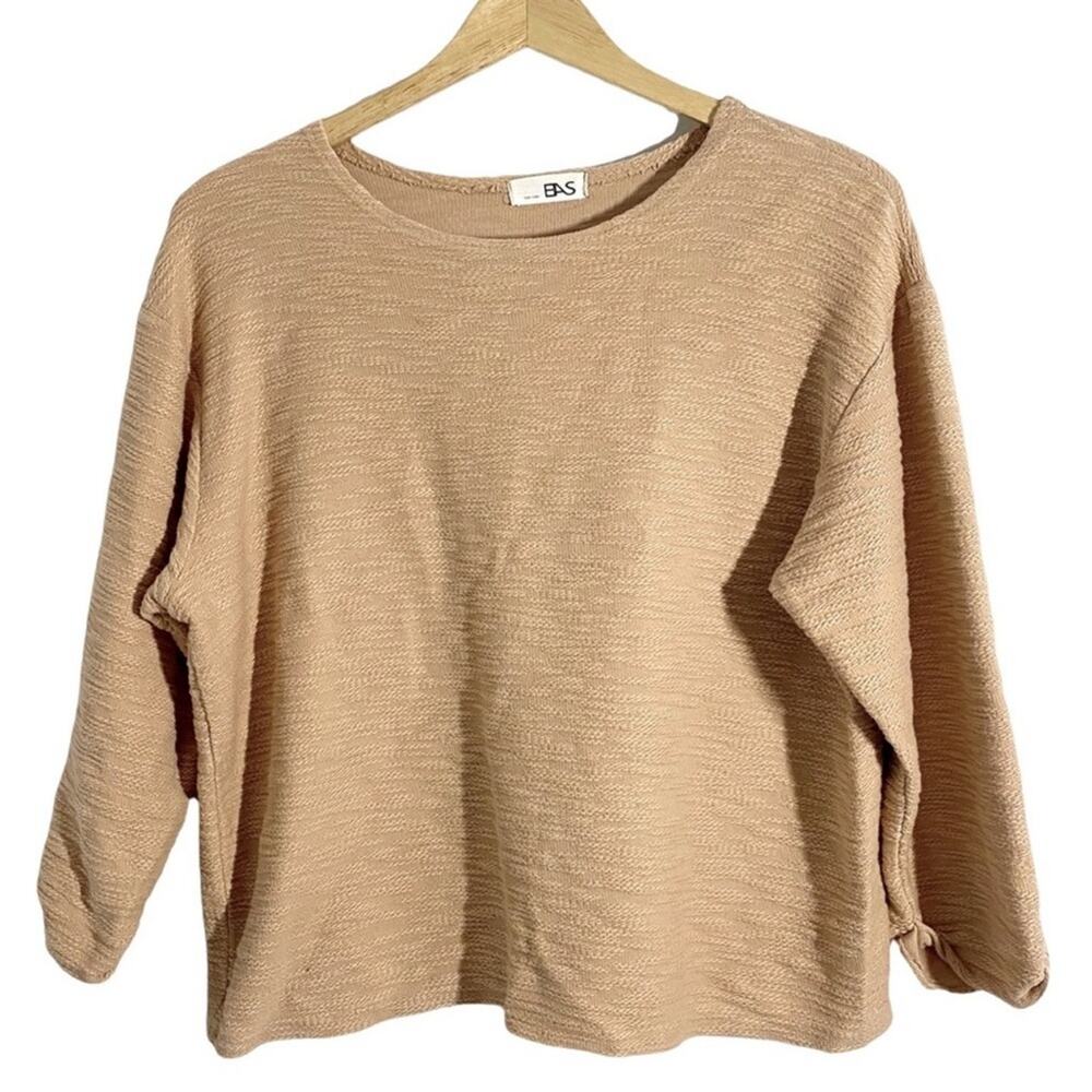BAS Tan Beige Textured 3/4” Sleeve Top, Size Large* (Please see description)